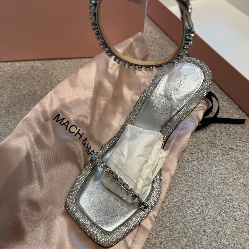 MACH & MACH Silver and Tan Sandals with Crystal Accents